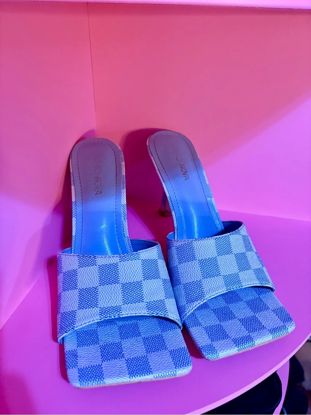 Fashion Nova Blue Checkered Open-Toe Heeled Mules